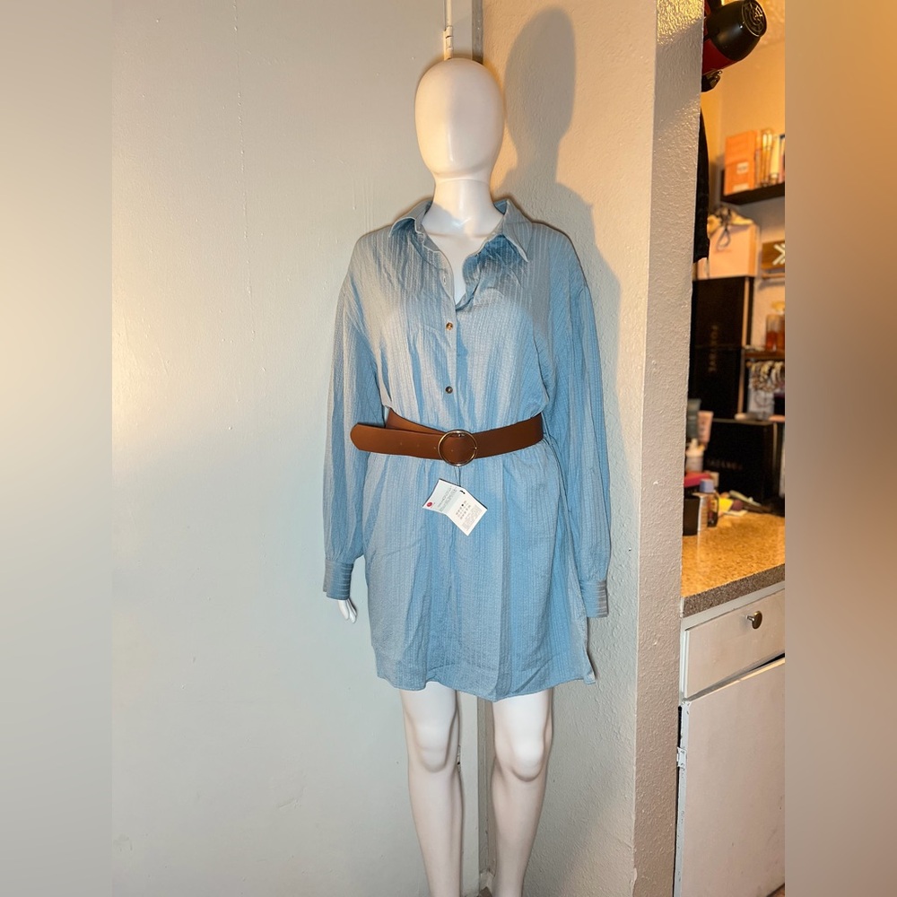 Zara Blue Long Sleeve Dress with Brown Belt